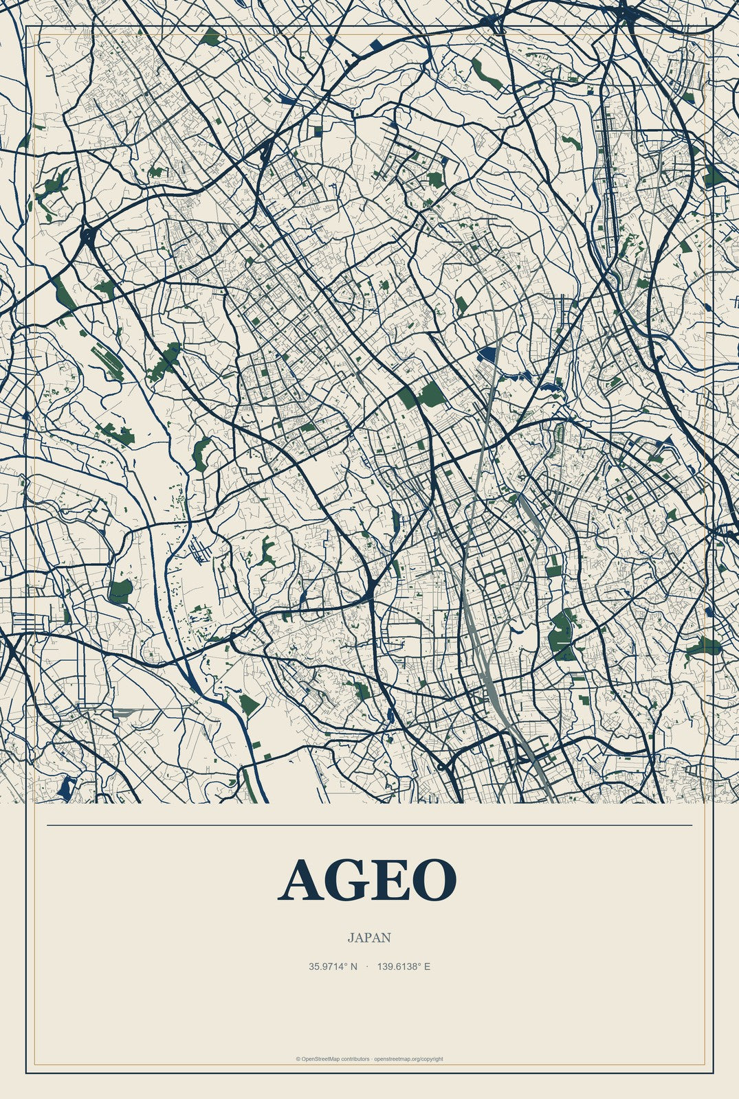 Ageo, Japan City Map Aluminum Sign in Coastal Cutout style