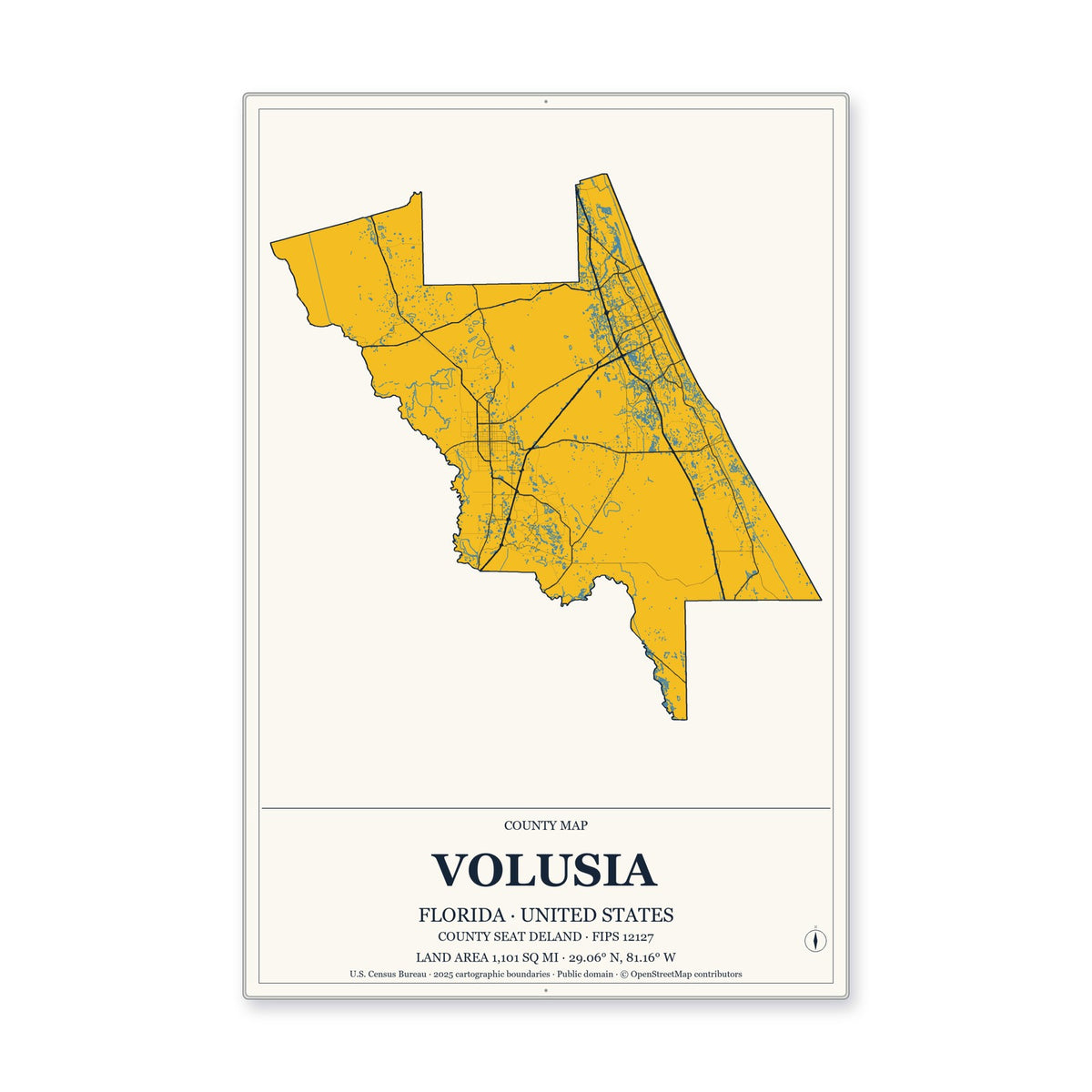 Volusia County, Florida Map Aluminum Sign in Citrine Modern style