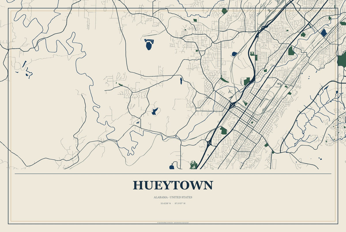Hueytown, Alabama City Map Aluminum Sign in Coastal Cutout style
