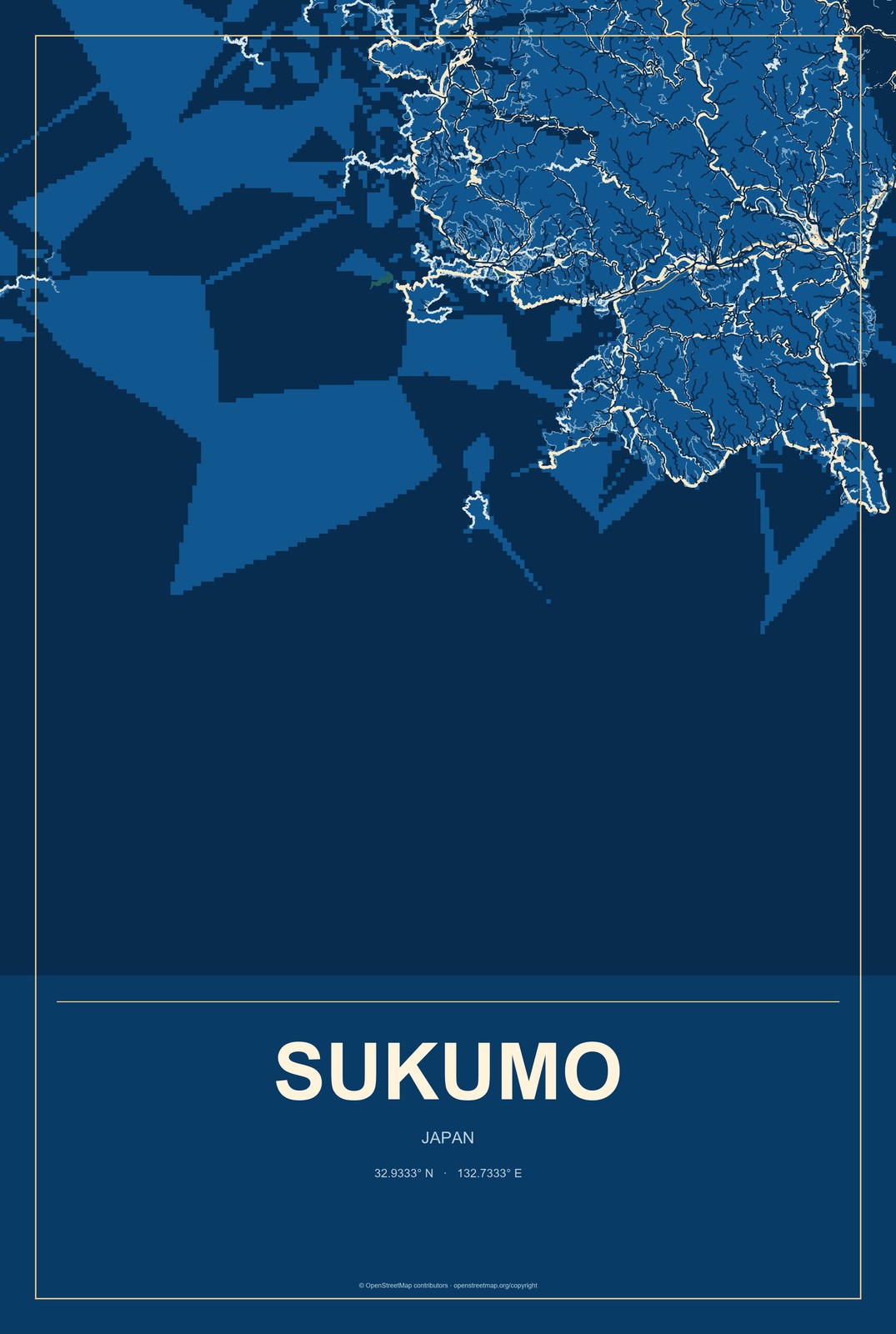 Sukumo, Japan City Map Aluminum Sign in Harbor Cobalt style