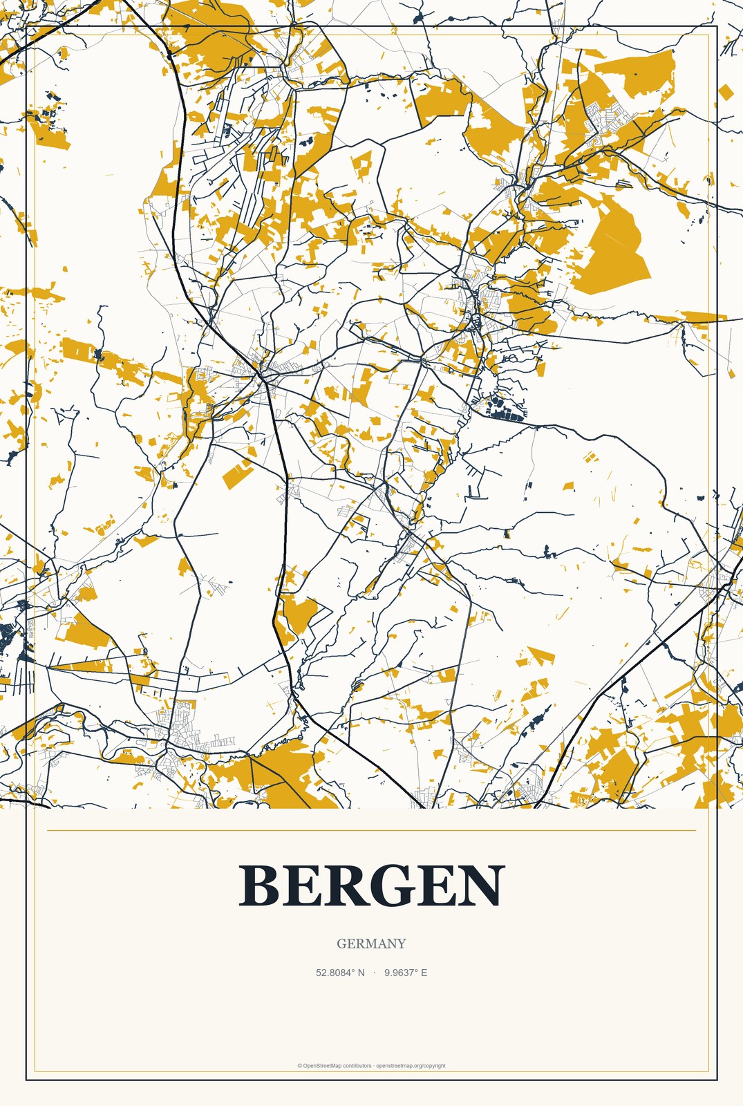Bergen, Germany City Map Aluminum Sign in Citrine Modern style