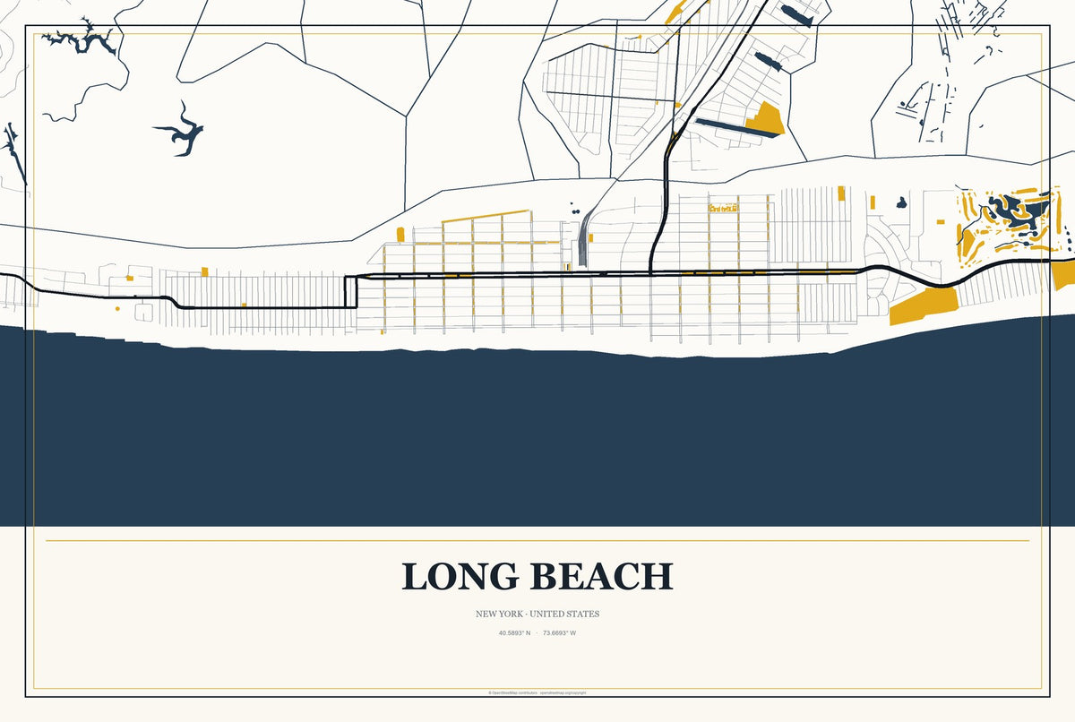 Long Beach, New York City Map Aluminum Sign in Citrine Modern style