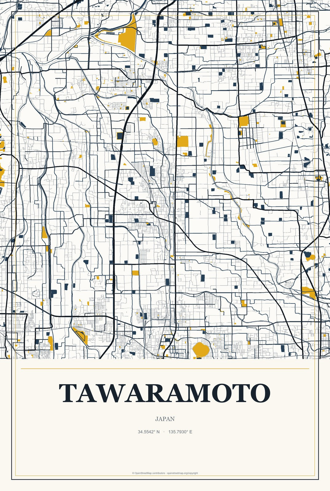 Tawaramoto, Japan City Map Aluminum Sign in Citrine Modern style
