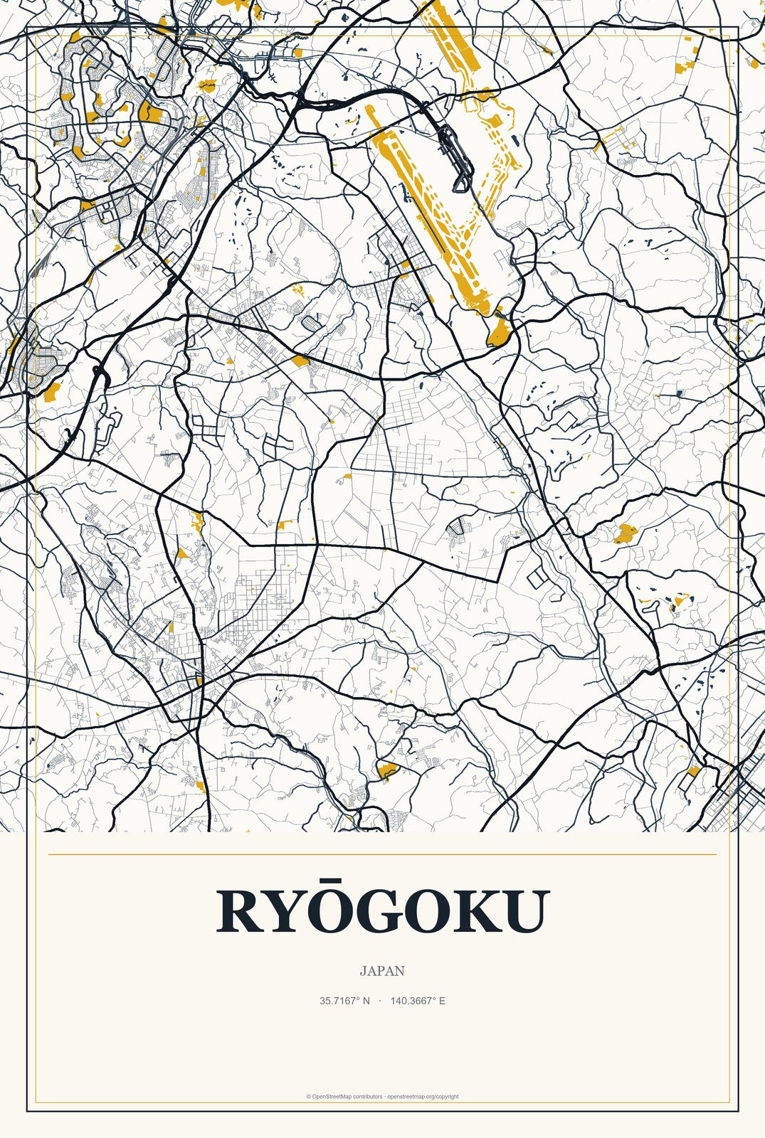 Ryōgoku, Japan City Map Aluminum Sign in Citrine Modern style