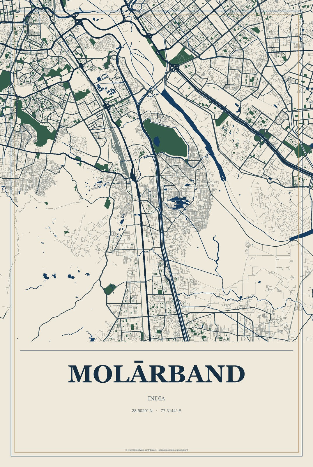 Molārband, India City Map Aluminum Sign in Coastal Cutout style