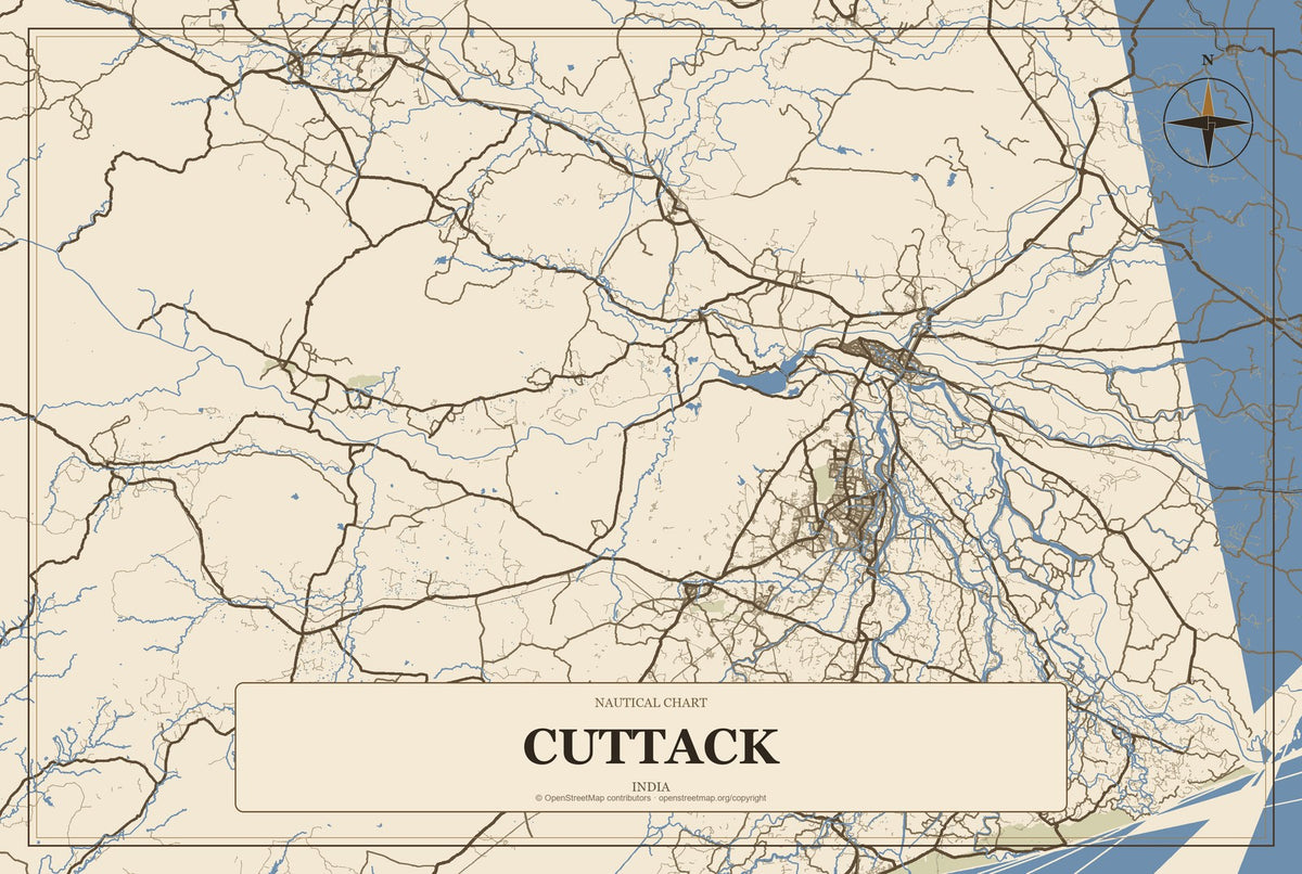 Cuttack, India City Map Aluminum Sign in Heritage Nautical style