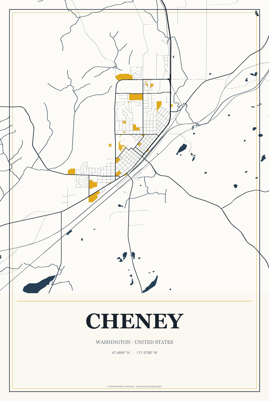 Cheney, Washington City Map Aluminum Sign in Citrine Modern style