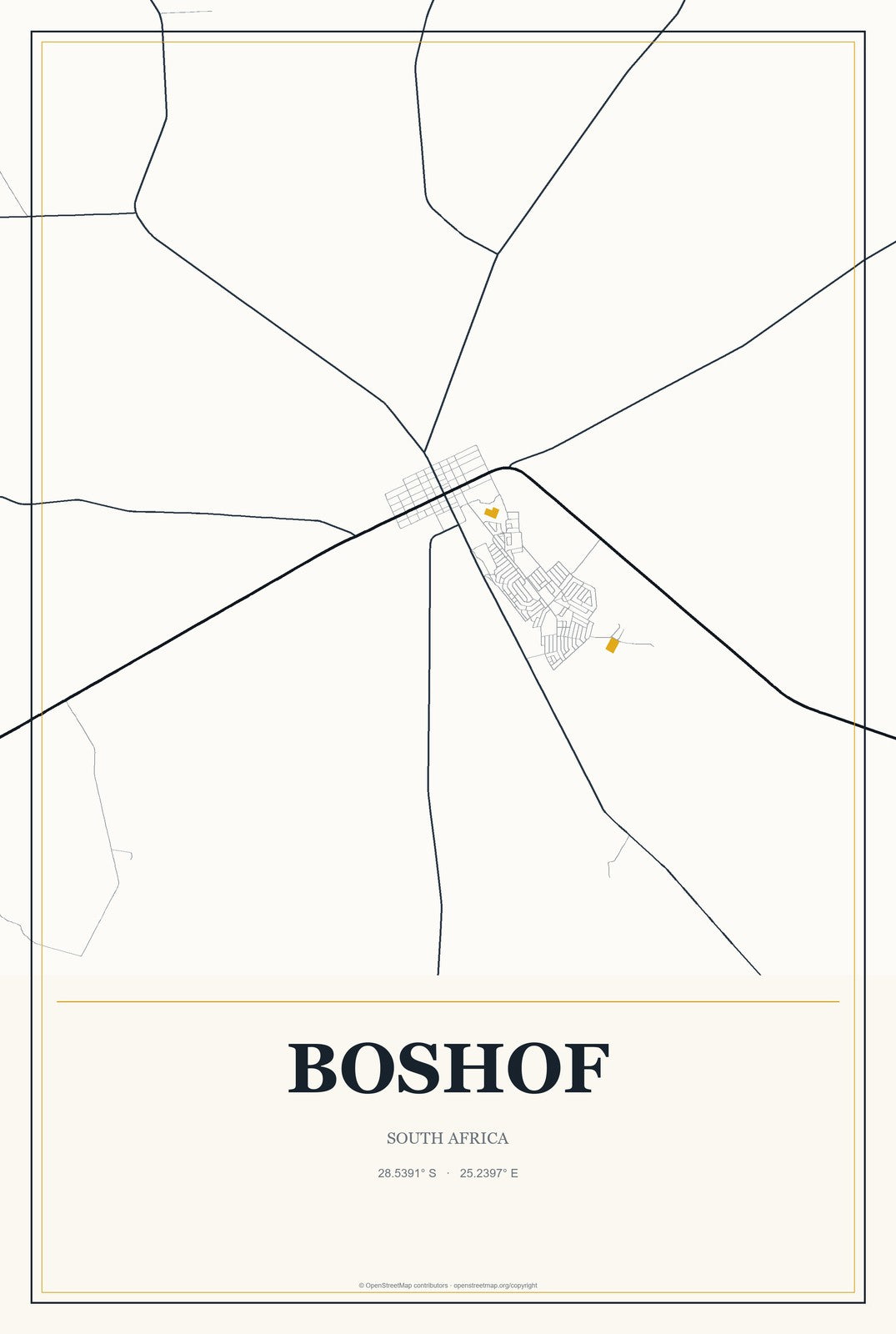 Boshof, South Africa City Map Aluminum Sign in Citrine Modern style