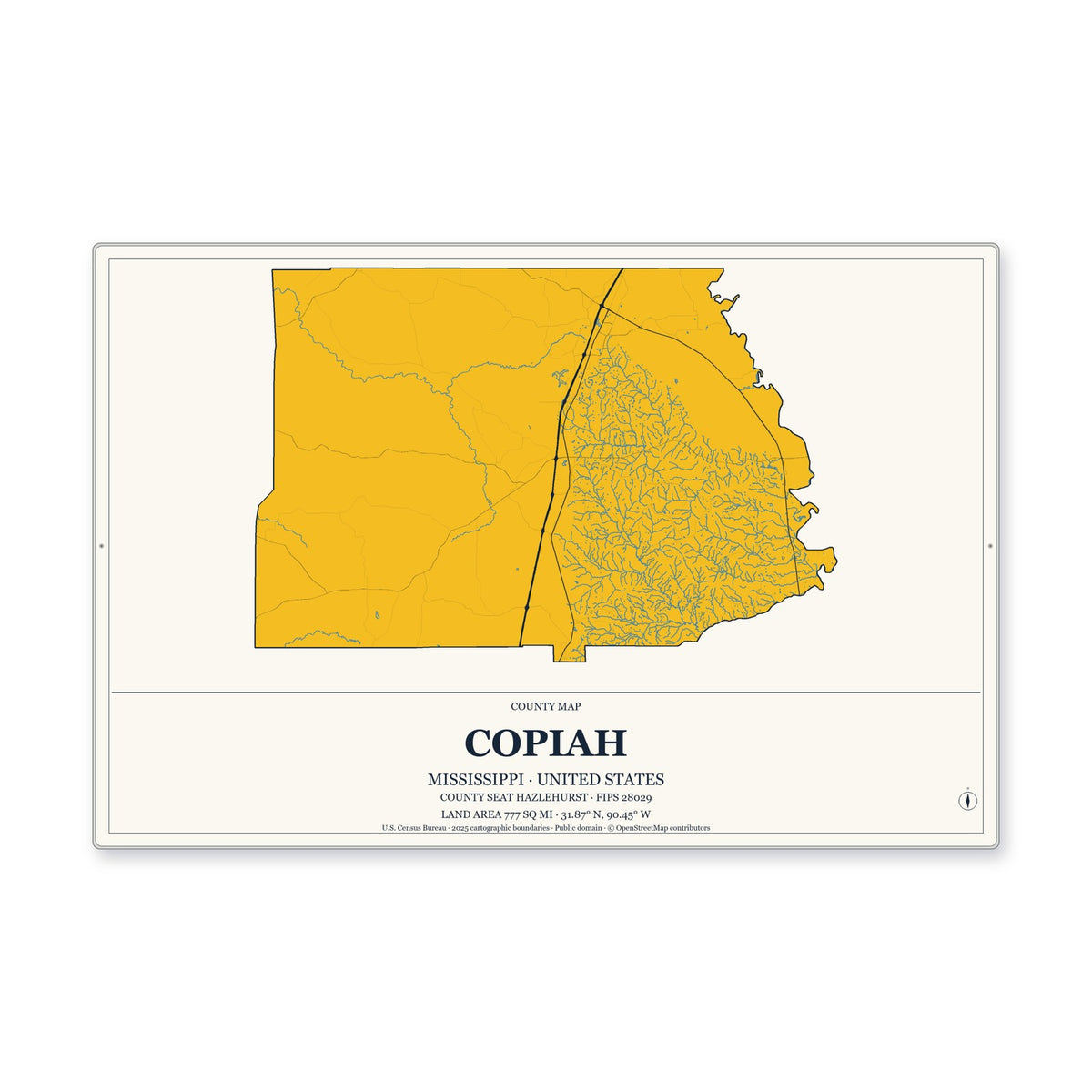 Copiah County, Mississippi Map Aluminum Sign in Citrine Modern style