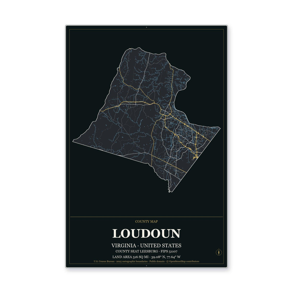 Loudoun County, Virginia Map Aluminum Sign in Metropolitan Noir style