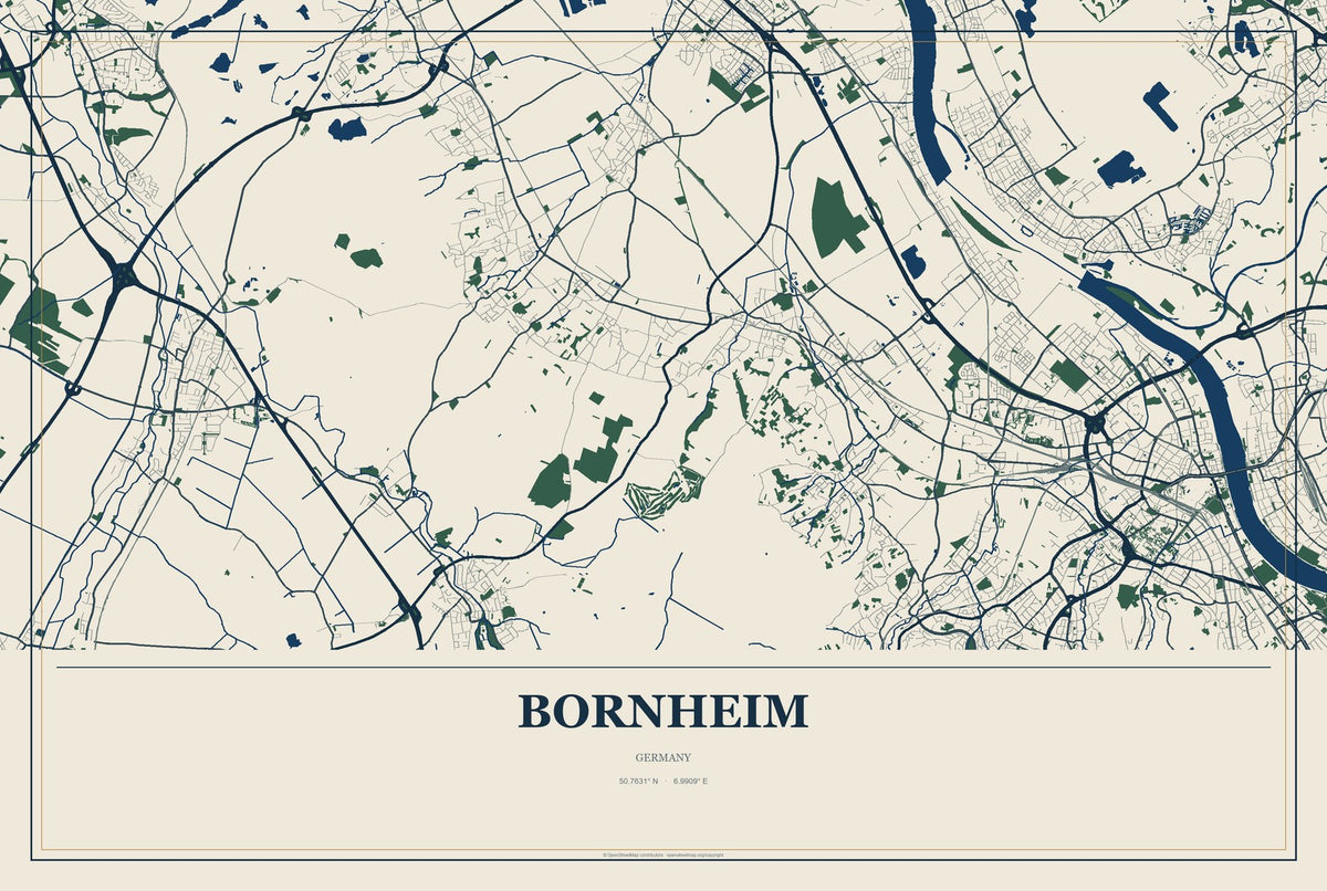 Bornheim, Germany City Map Aluminum Sign in Coastal Cutout style