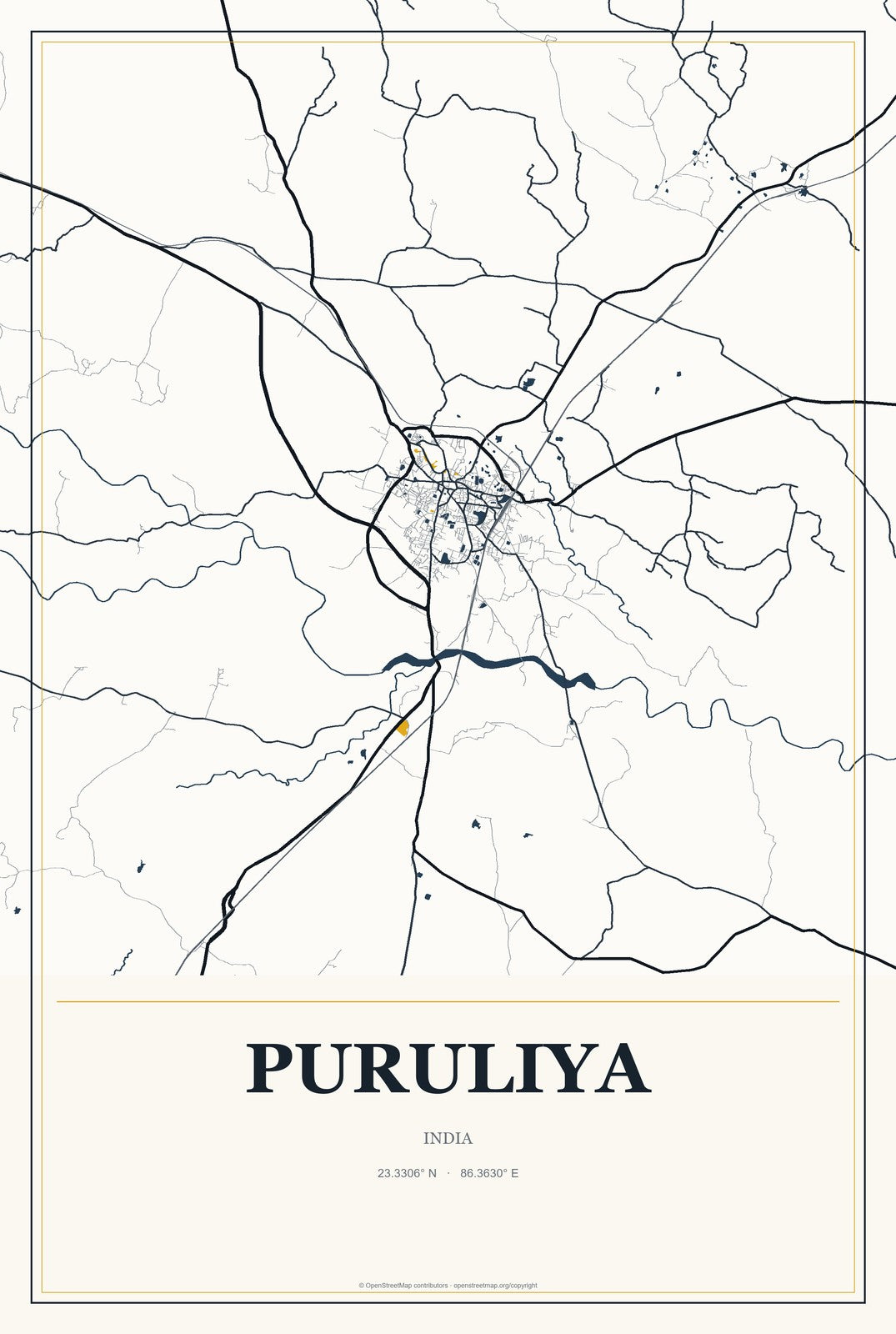 Puruliya, India City Map Aluminum Sign in Citrine Modern style