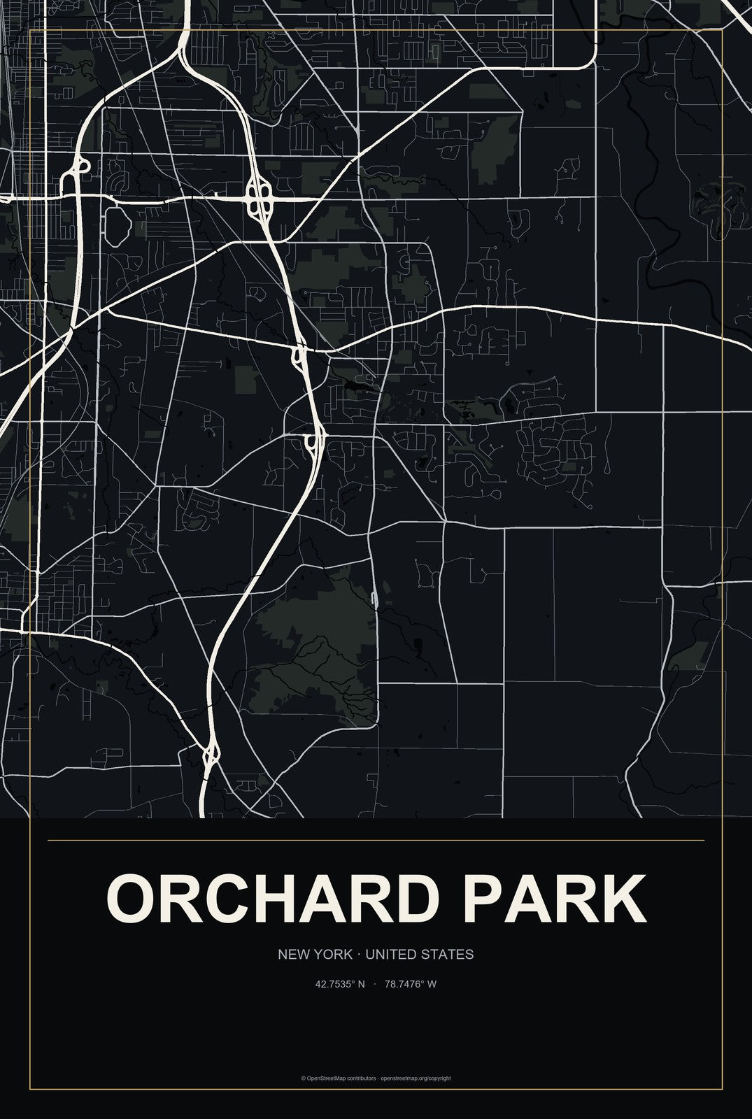 Orchard Park, New York City Map Aluminum Sign in Metropolitan Noir style