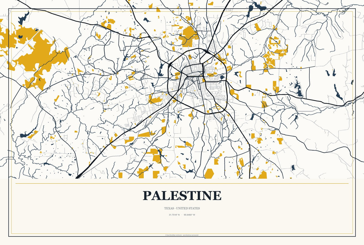 Palestine, Texas City Map Aluminum Sign in Citrine Modern style
