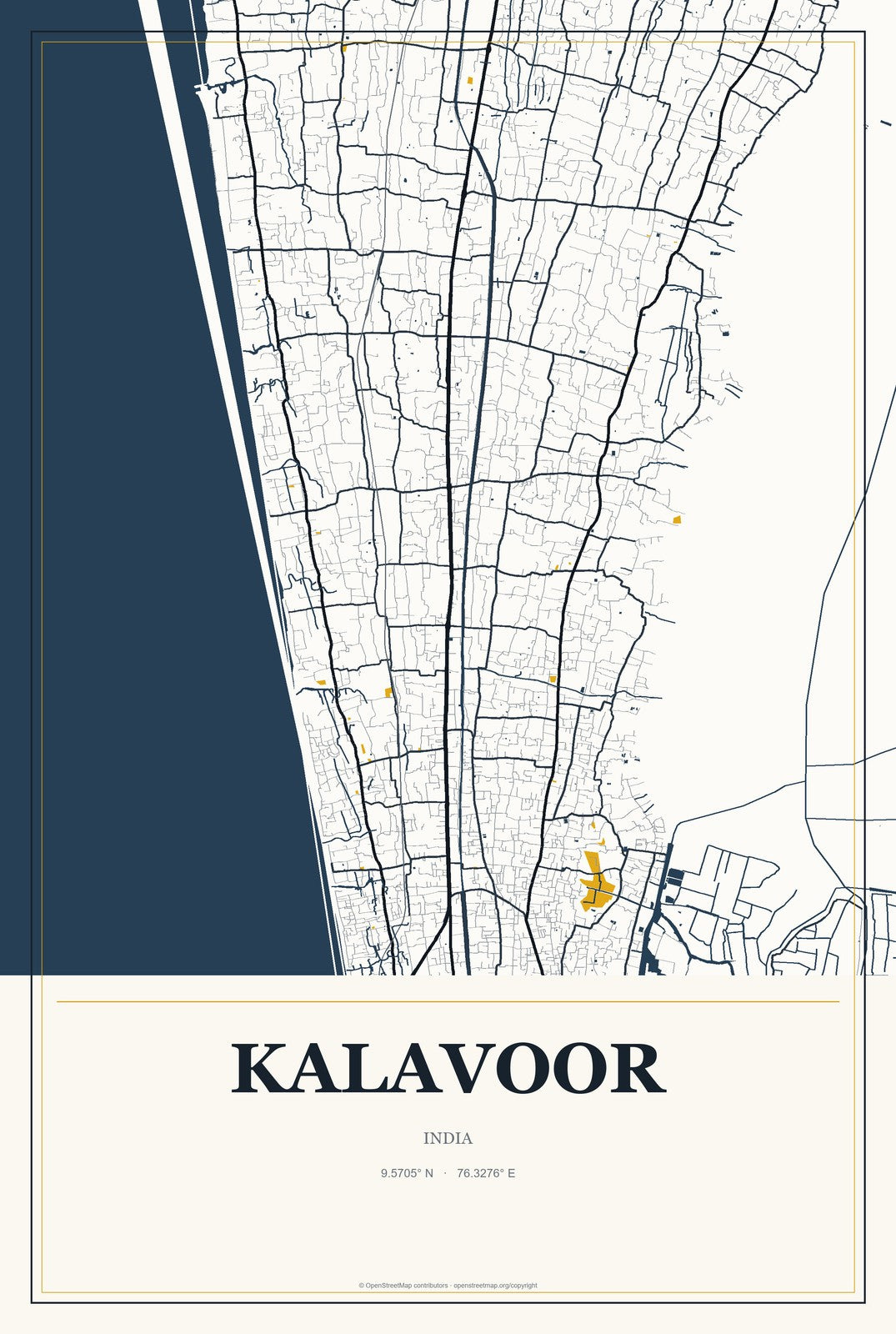 Kalavoor, India City Map Aluminum Sign in Citrine Modern style