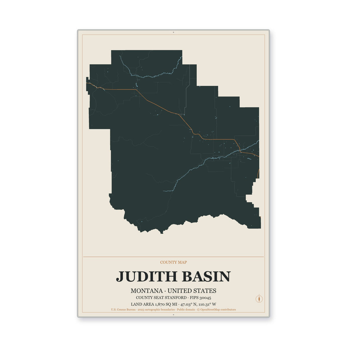 Judith Basin County, Montana Map Aluminum Sign in Headline Atlas style