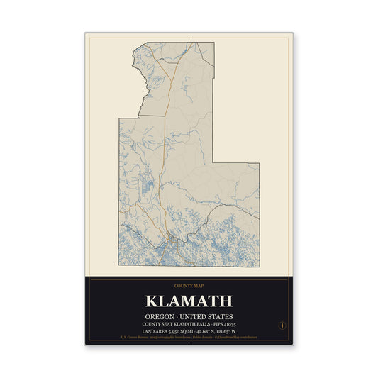 Klamath County, Oregon Map Aluminum Sign in Museum Plaque style
