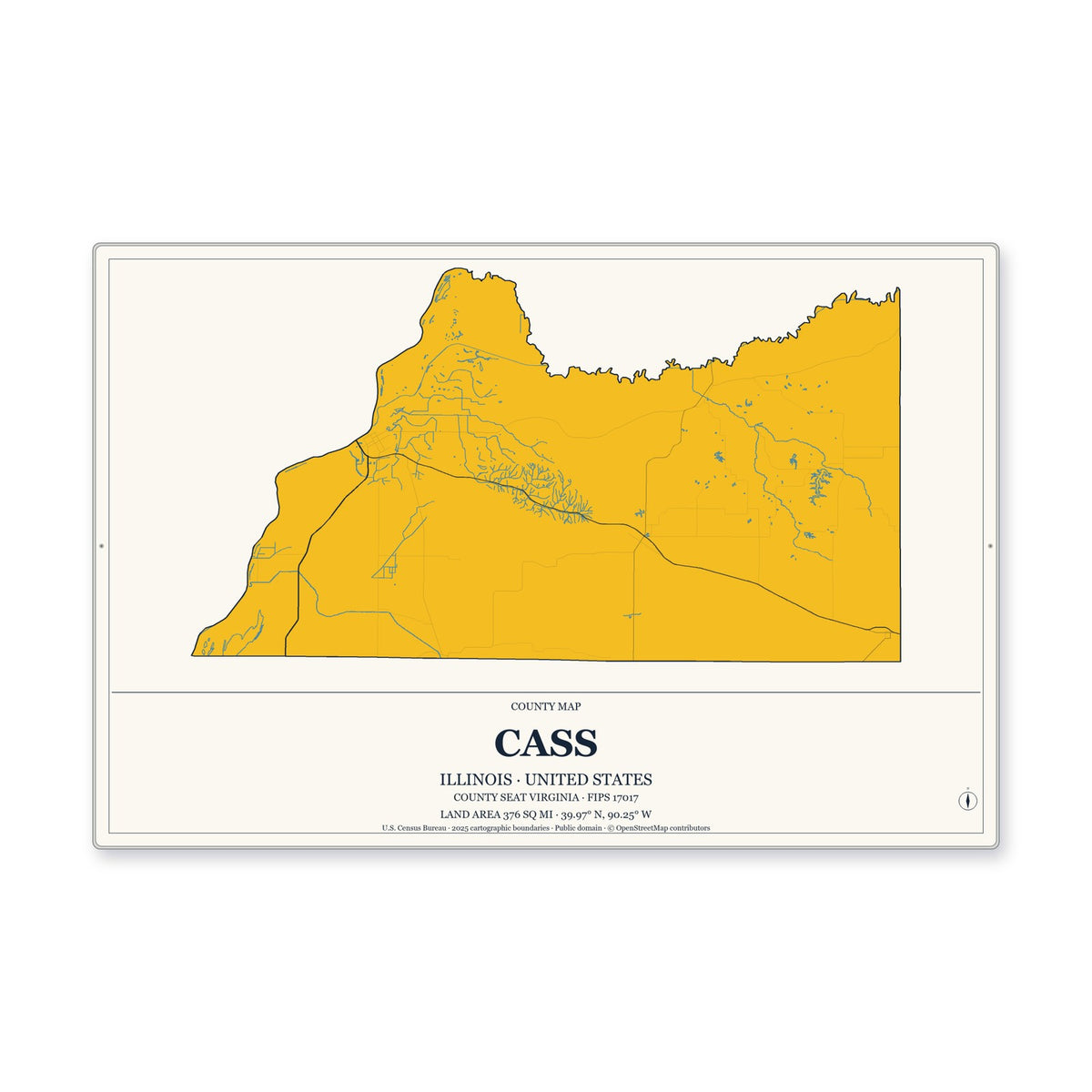 Cass County, Illinois Map Aluminum Sign in Citrine Modern style
