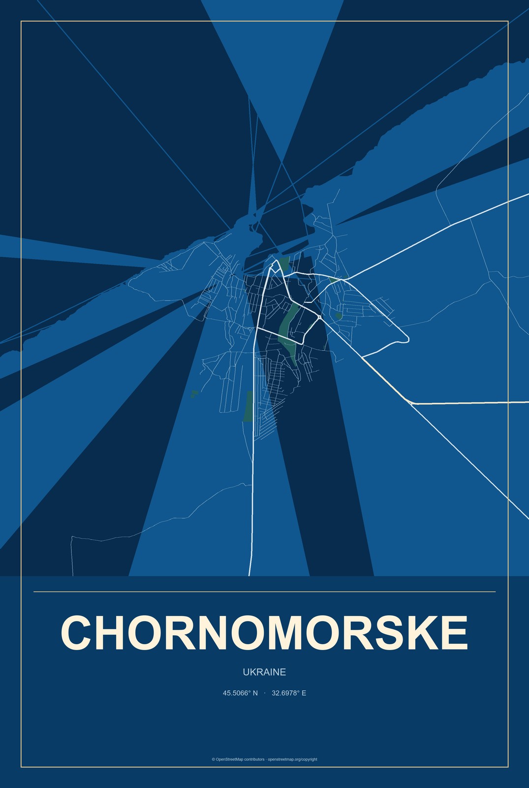 Chornomorske, Ukraine City Map Aluminum Sign in Harbor Cobalt style