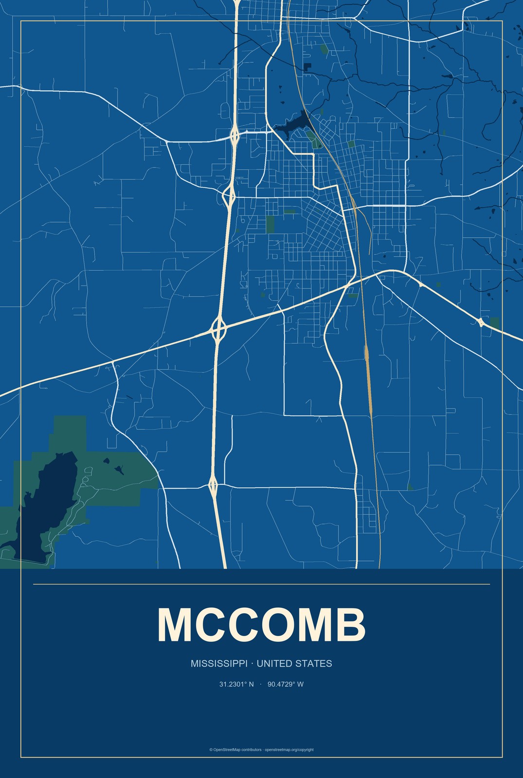 McComb, Mississippi City Map Aluminum Sign in Harbor Cobalt style