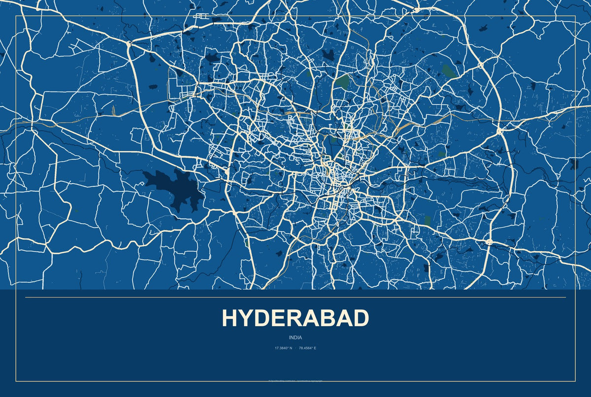 Hyderabad, India City Map Aluminum Sign in Harbor Cobalt style