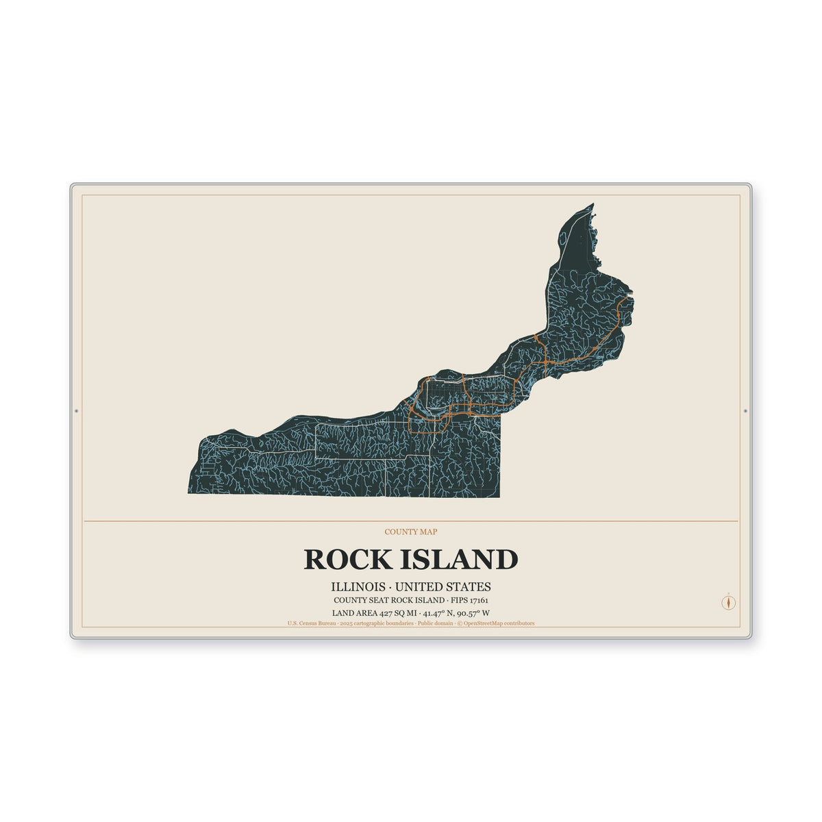 Rock Island County, Illinois Map Aluminum Sign in Headline Atlas style