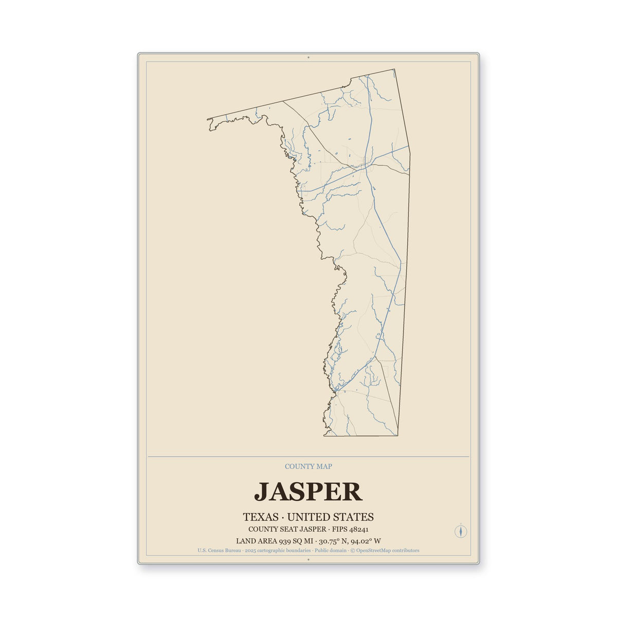 Jasper County, Texas Map Aluminum Sign in Heritage Nautical style