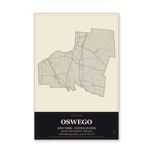 Oswego County, New York Map Aluminum Sign in Museum Plaque style