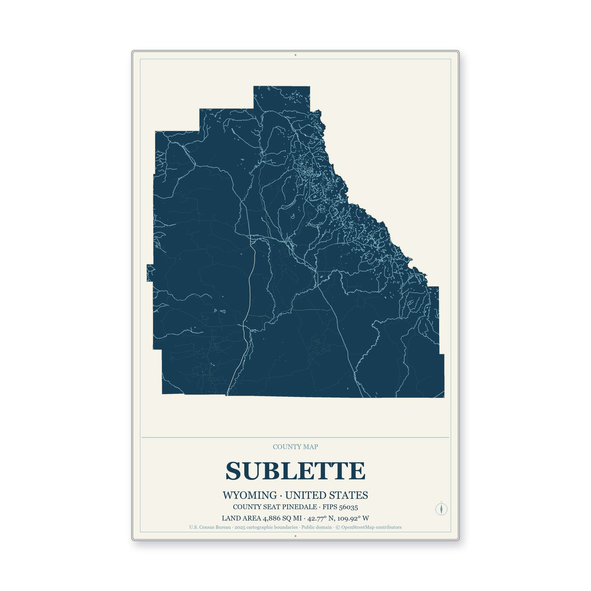 Sublette County, Wyoming Map Aluminum Sign in Coastal Cutout style