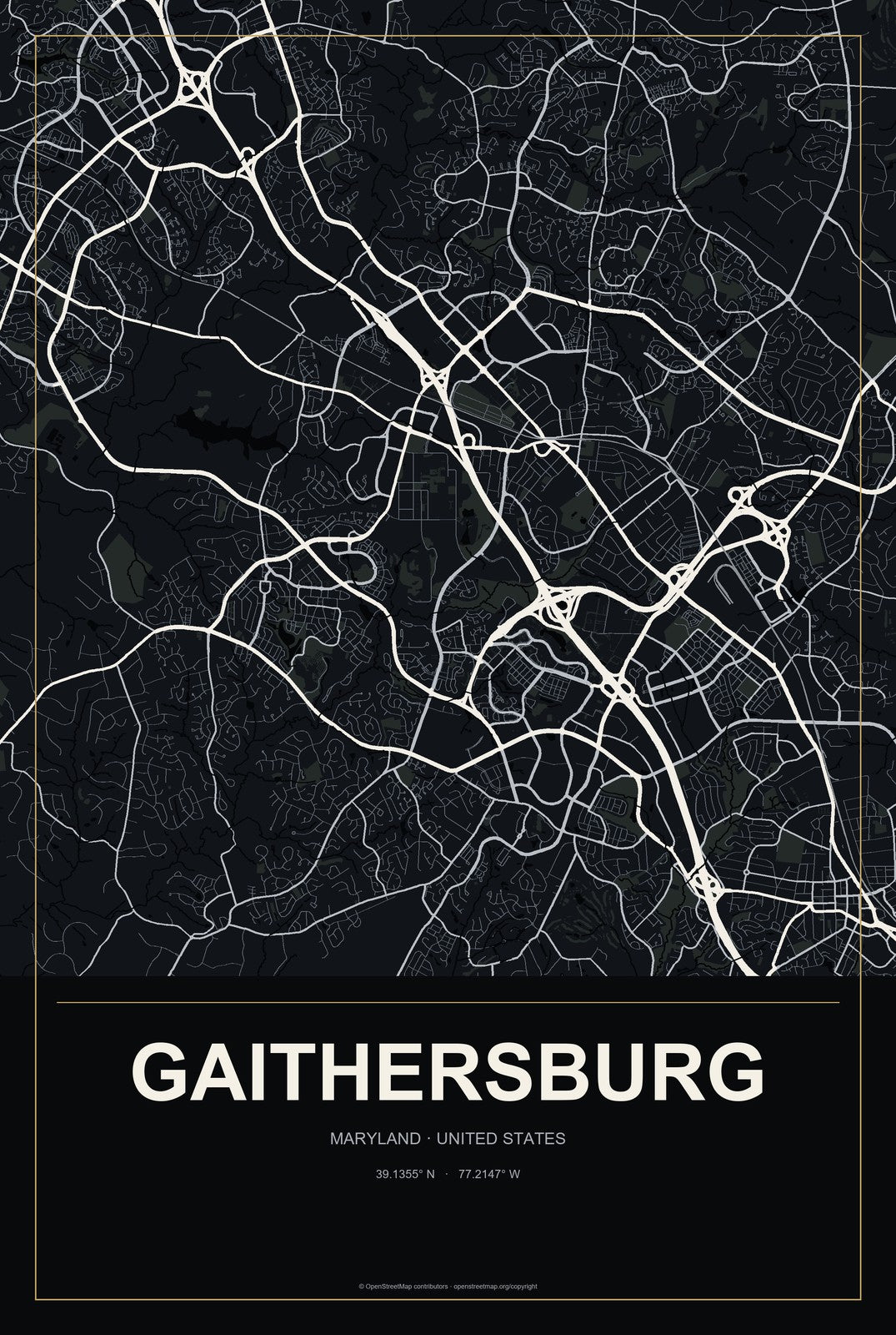 Gaithersburg, Maryland City Map Aluminum Sign in Metropolitan Noir style