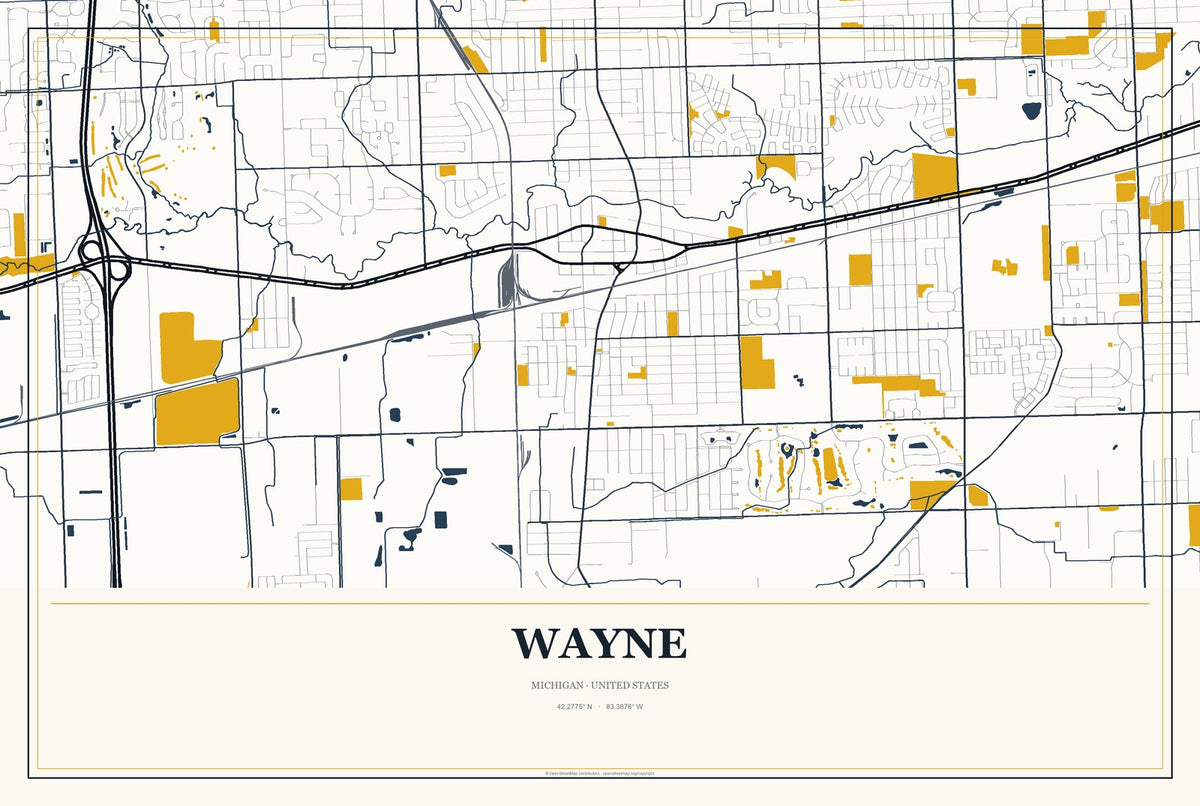 Wayne, Michigan City Map Aluminum Sign in Citrine Modern style