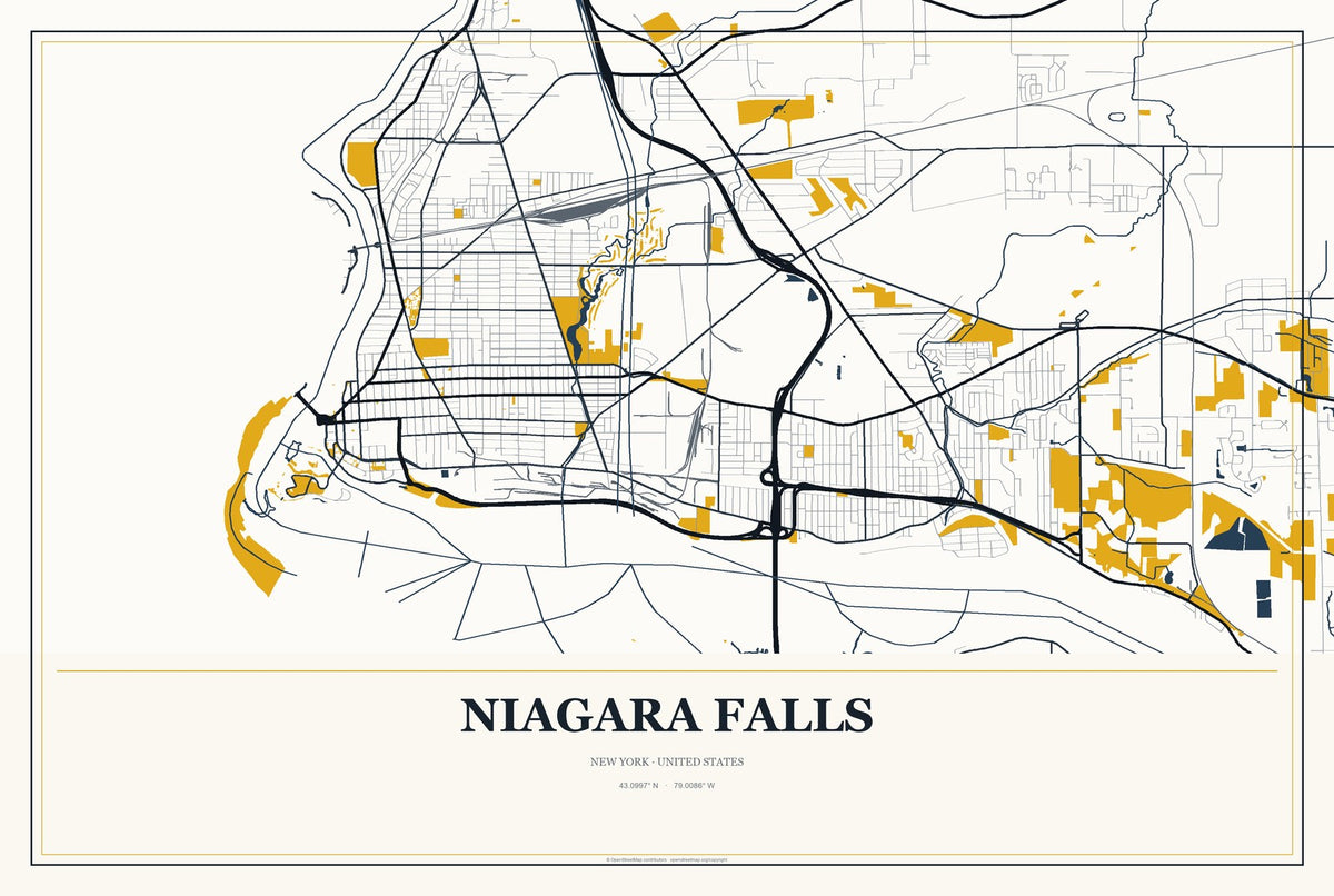 Niagara Falls, New York City Map Aluminum Sign in Citrine Modern style