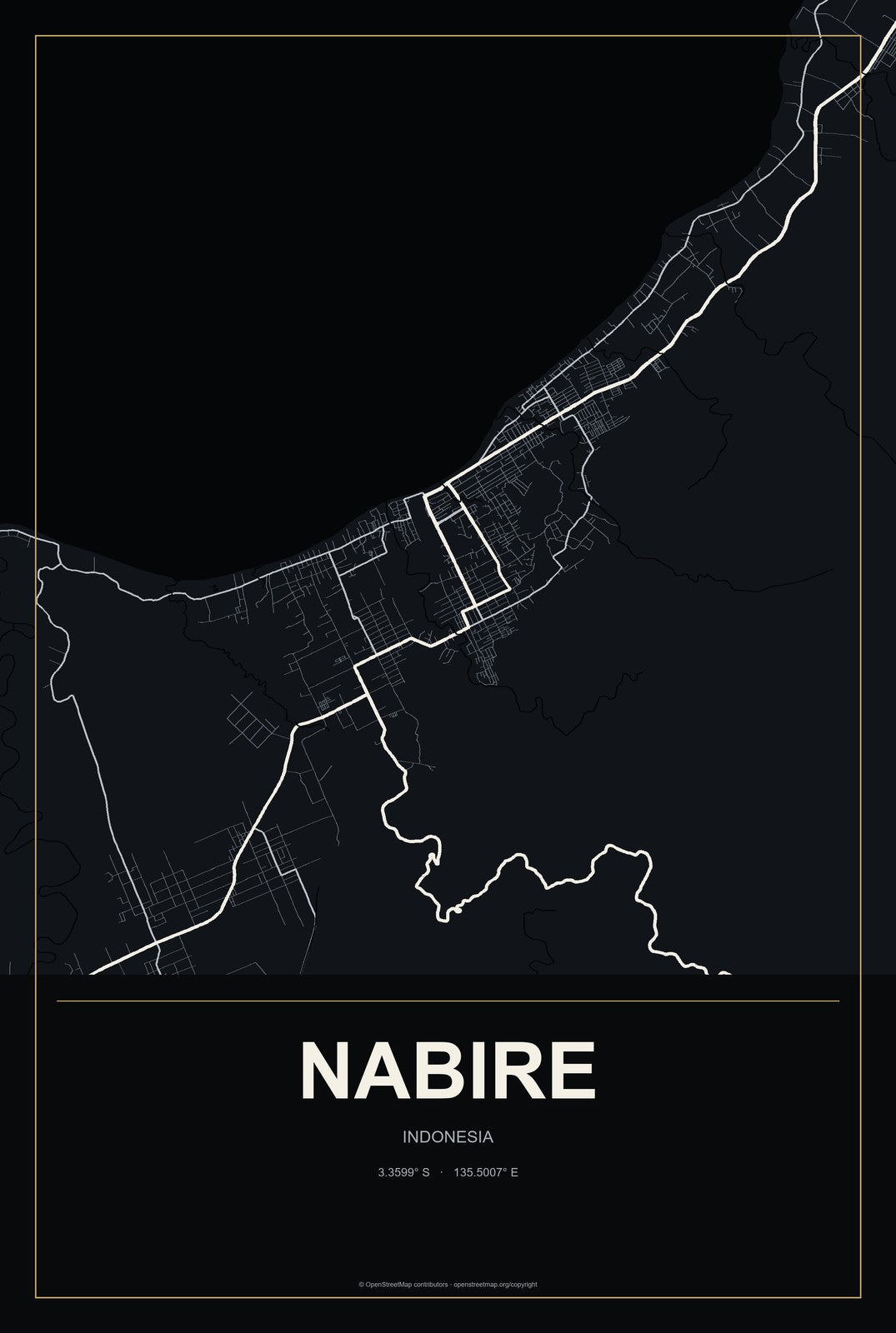Nabire, Indonesia City Map Aluminum Sign in Metropolitan Noir style