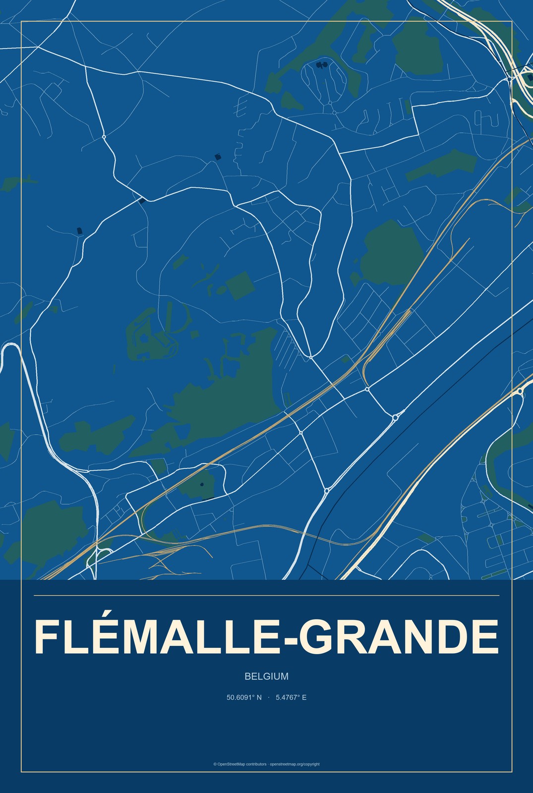 Flémalle-Grande, Belgium City Map Aluminum Sign in Harbor Cobalt style