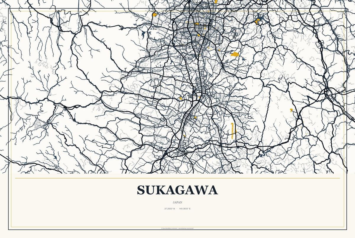 Sukagawa, Japan City Map Aluminum Sign in Citrine Modern style