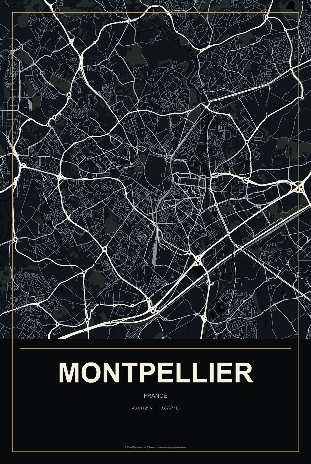 Montpellier, France City Map Aluminum Sign in Metropolitan Noir style