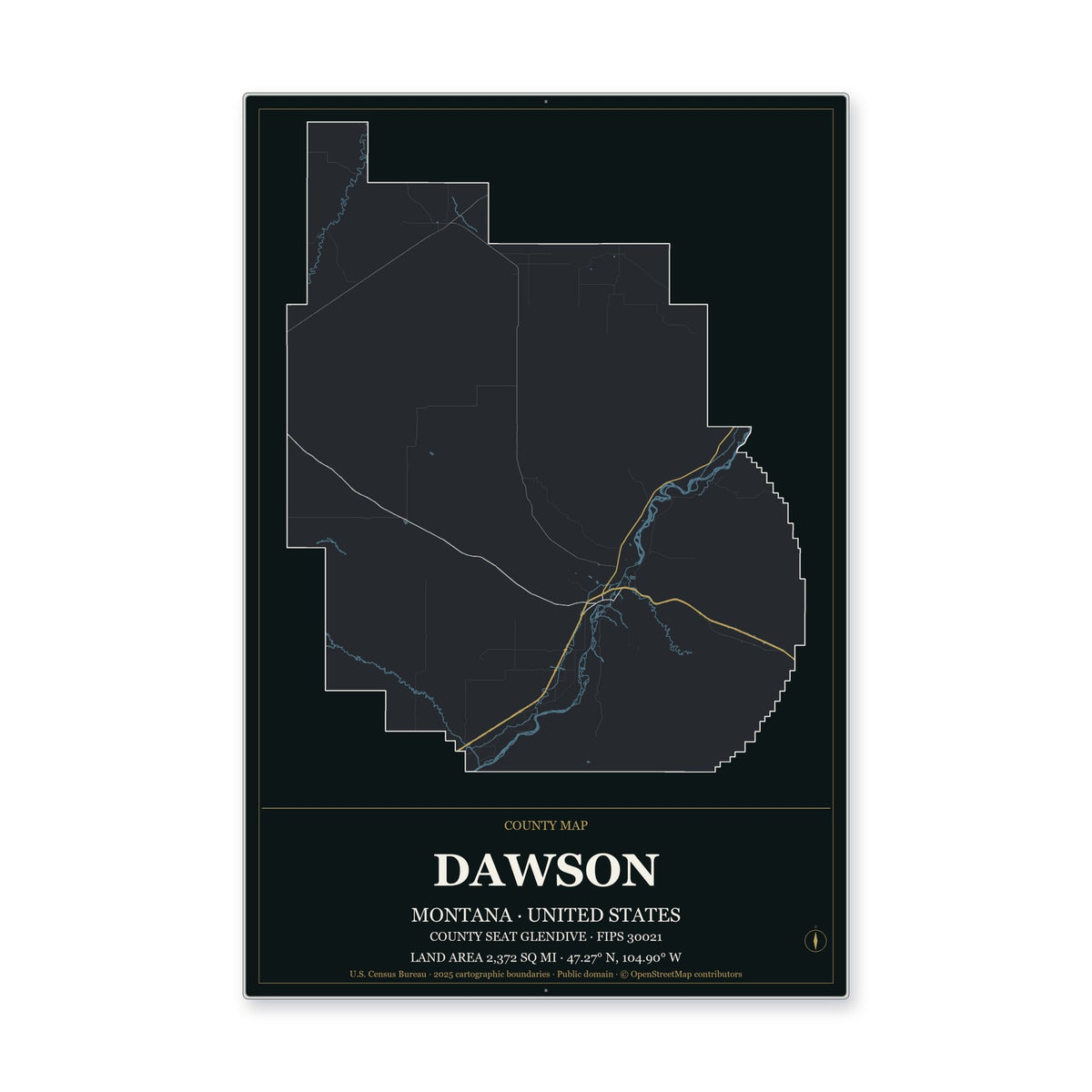 Dawson County, Montana Map Aluminum Sign in Metropolitan Noir style