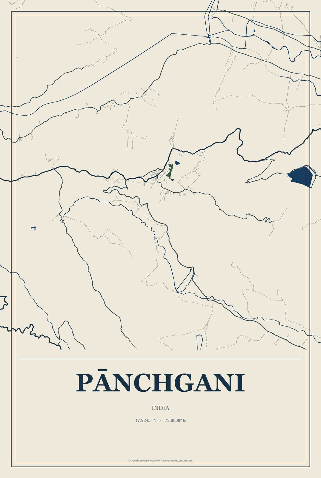 Pānchgani, India City Map Aluminum Sign in Coastal Cutout style