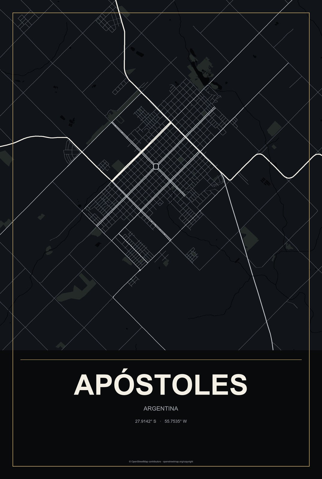 Apóstoles, Argentina City Map Aluminum Sign in Metropolitan Noir style