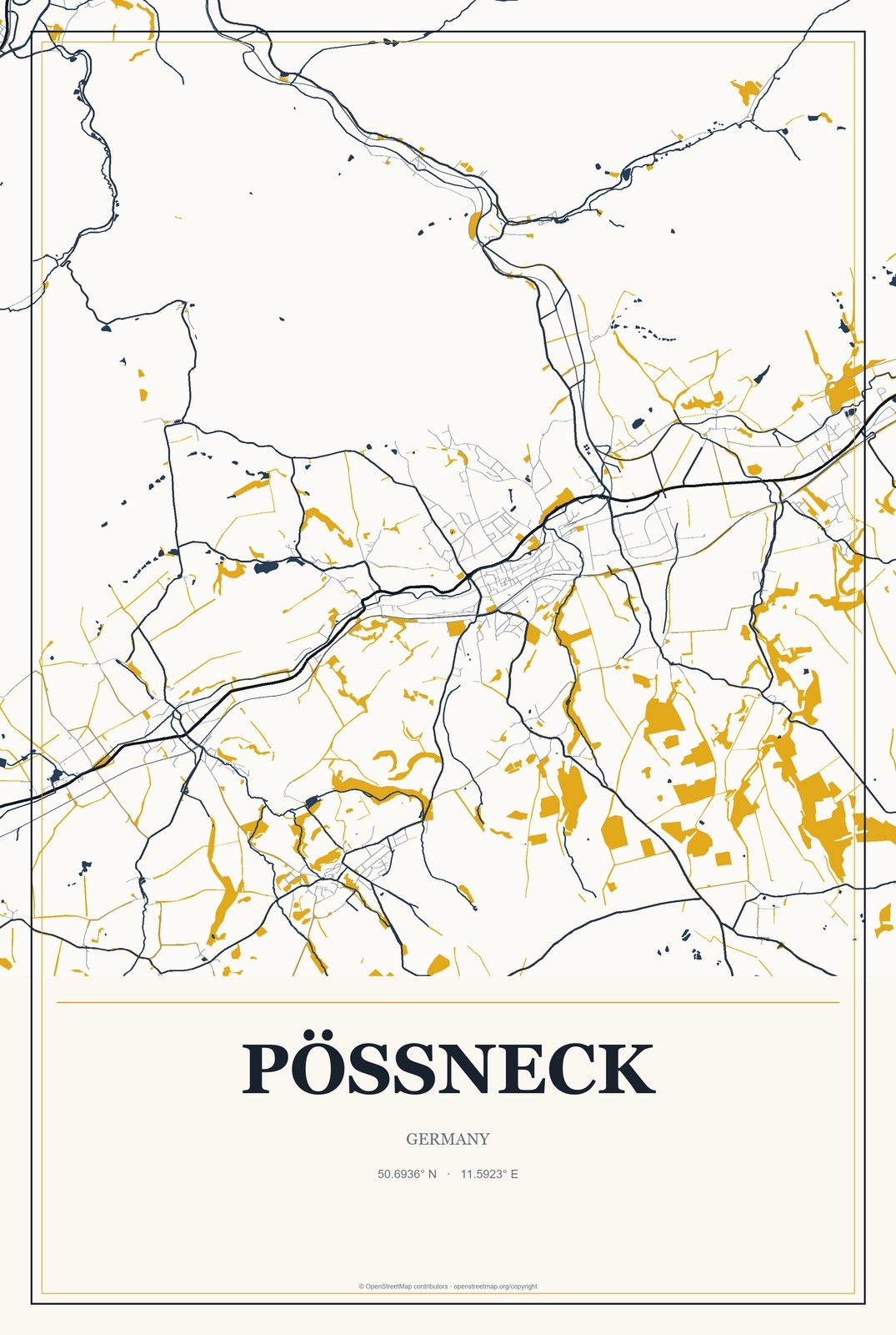 Pößneck, Germany City Map Aluminum Sign in Citrine Modern style