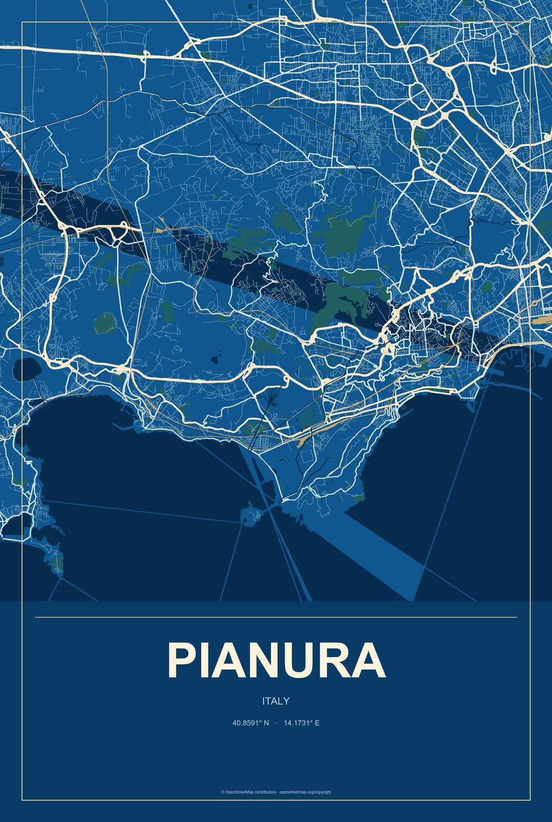 Pianura, Italy City Map Aluminum Sign in Harbor Cobalt style