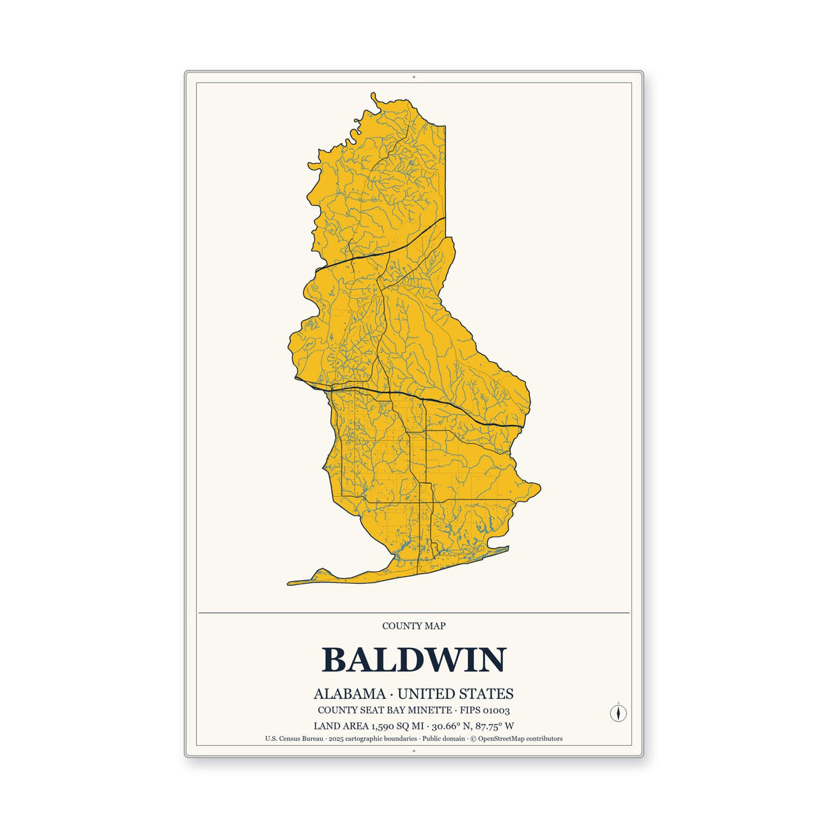 Baldwin County, Alabama Map Aluminum Sign in Citrine Modern style