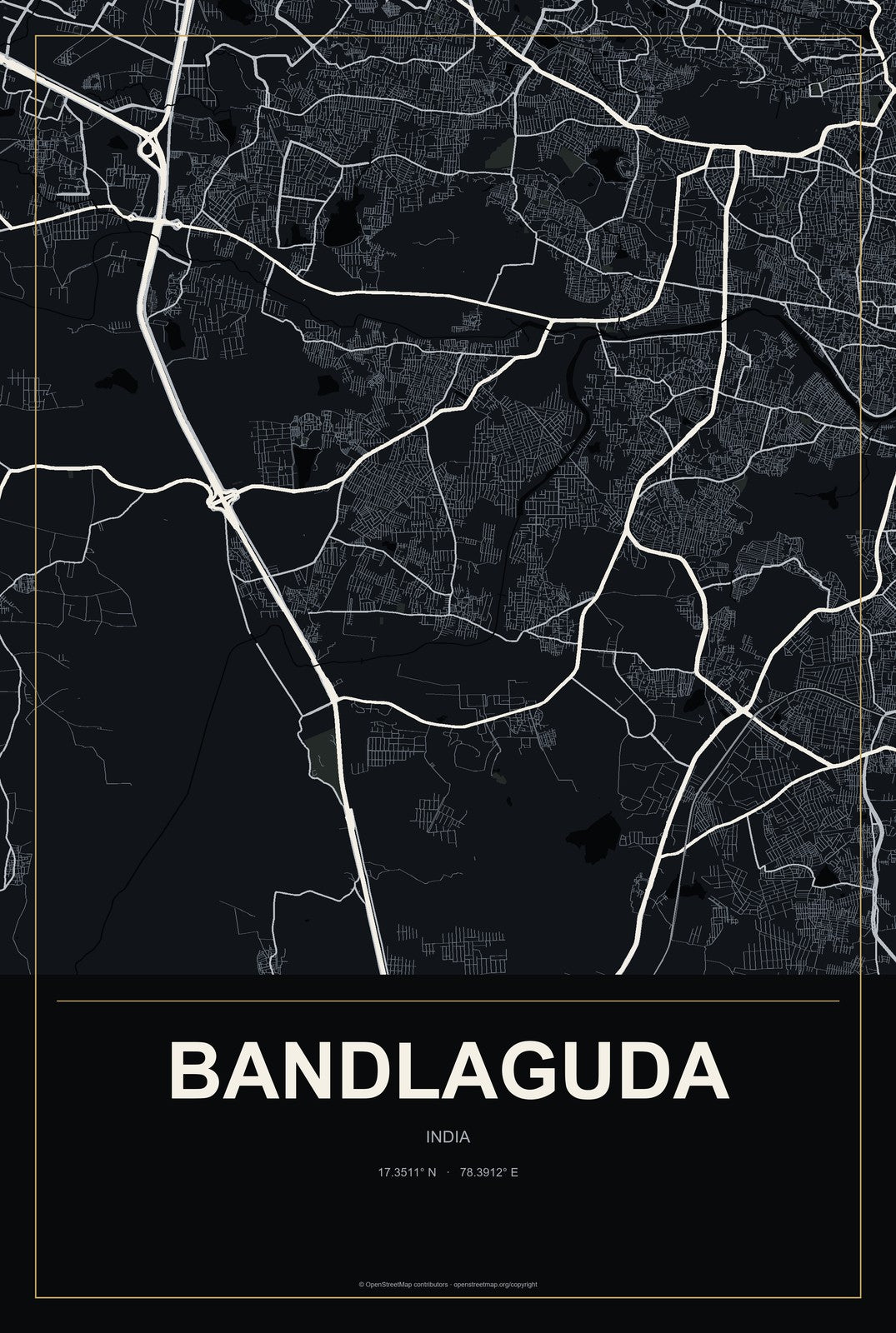 Bandlaguda, India City Map Aluminum Sign in Metropolitan Noir style