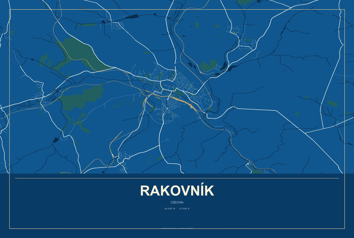 Rakovník, Czechia City Map Aluminum Sign in Harbor Cobalt style