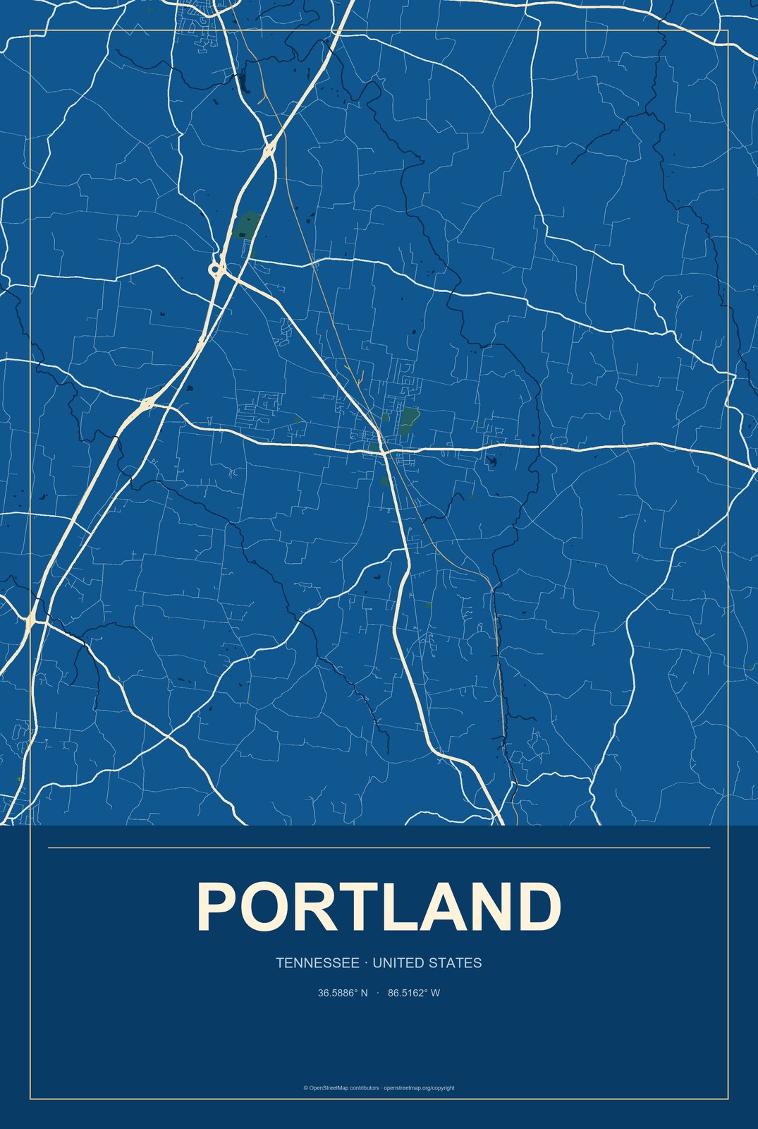 Portland, Tennessee City Map Aluminum Sign in Harbor Cobalt style