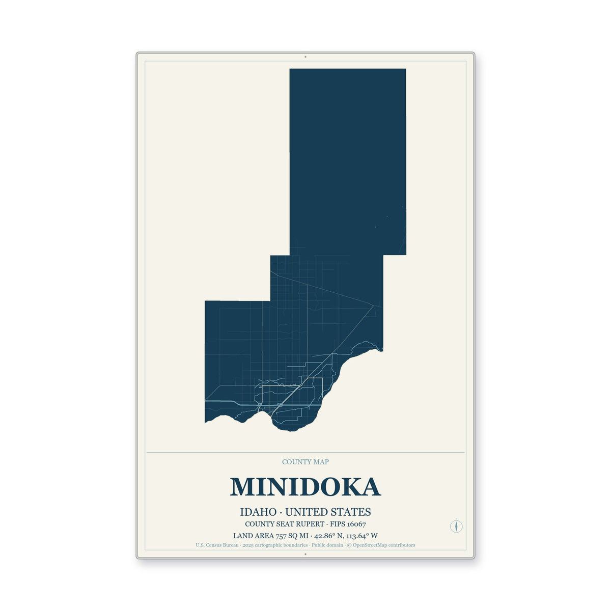 Minidoka County, Idaho Map Aluminum Sign in Coastal Cutout style