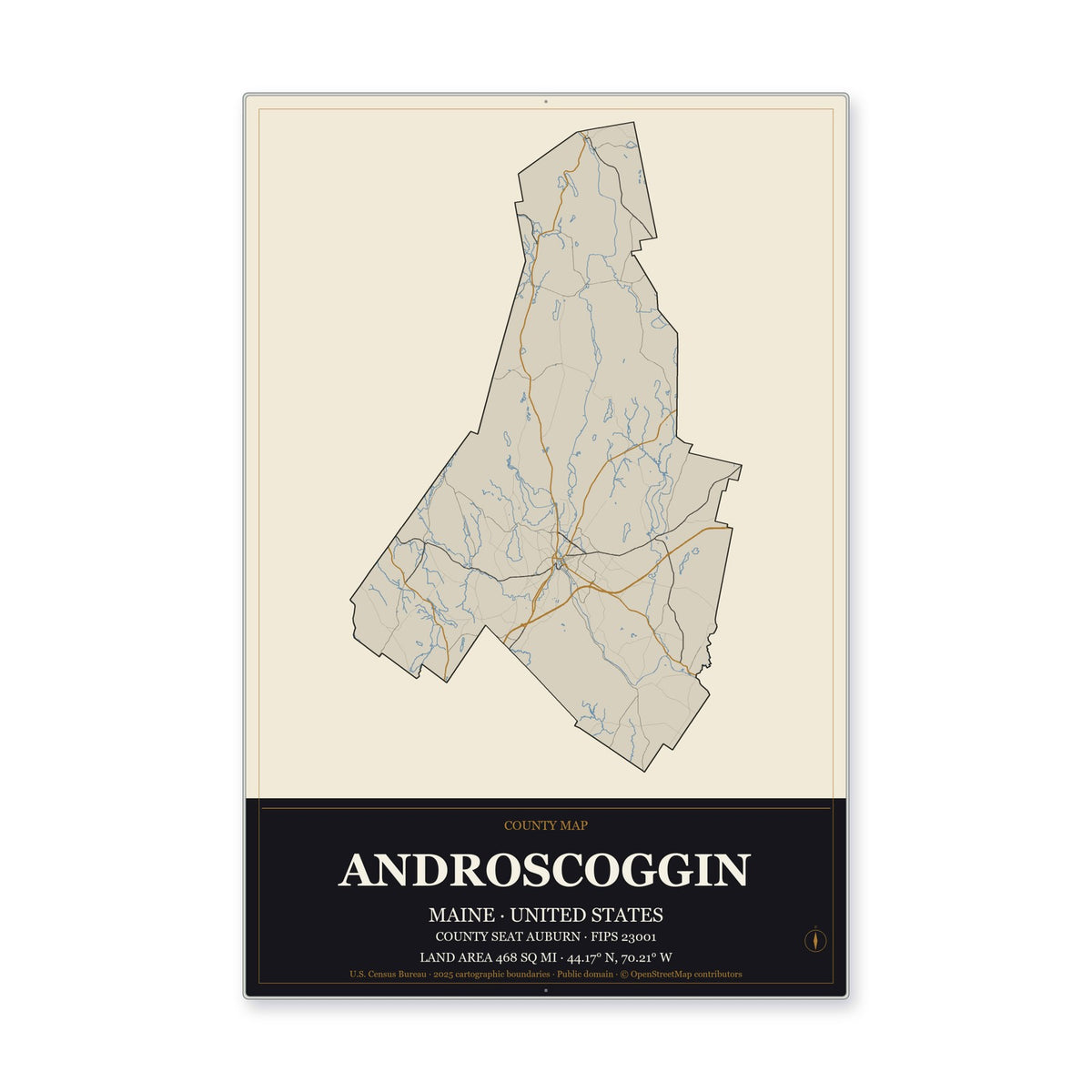 Androscoggin County, Maine Map Aluminum Sign in Museum Plaque style