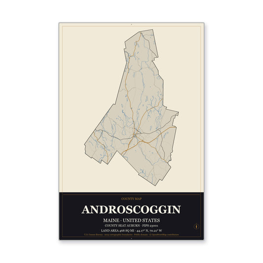 Androscoggin County, Maine Map Aluminum Sign in Museum Plaque style