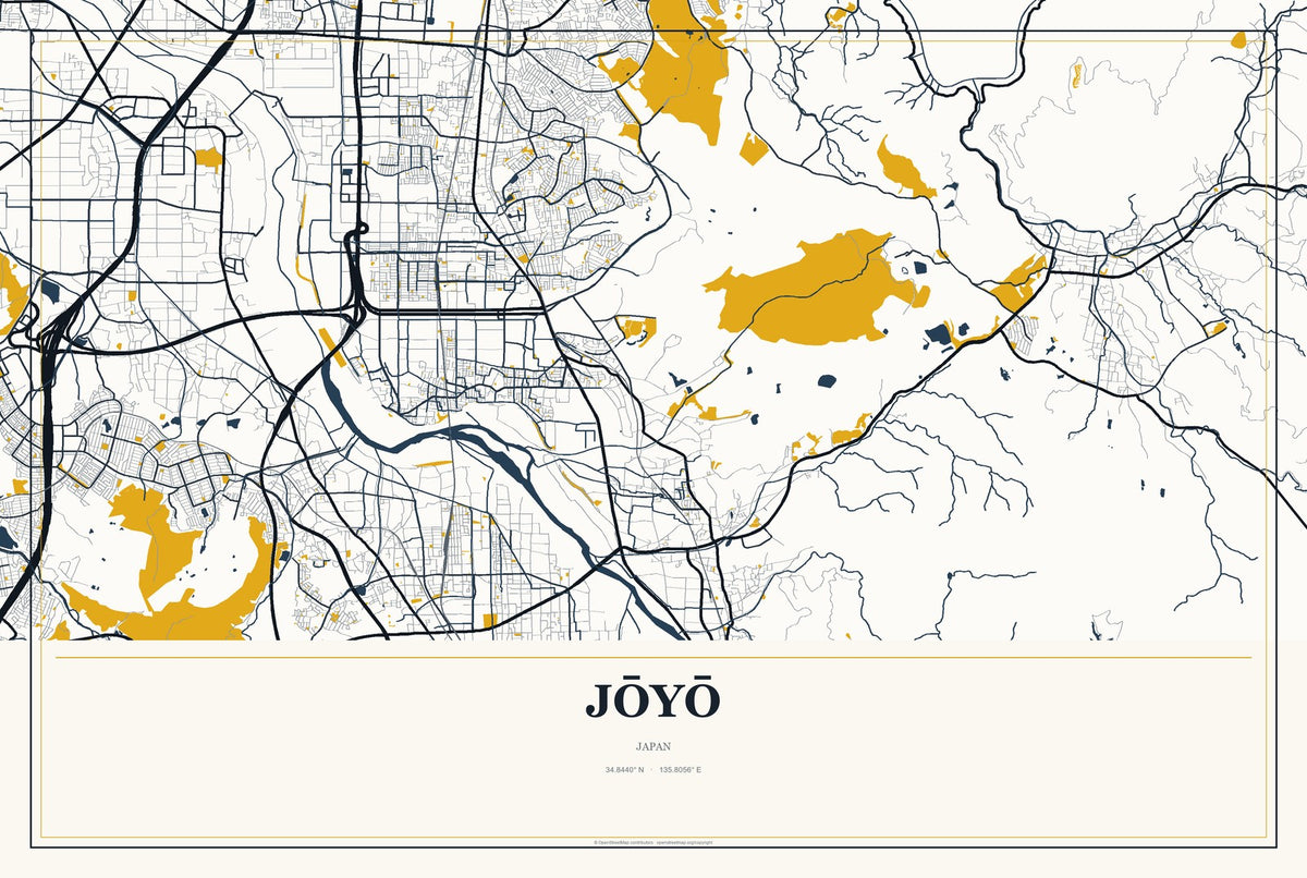 Jōyō, Japan City Map Aluminum Sign in Citrine Modern style