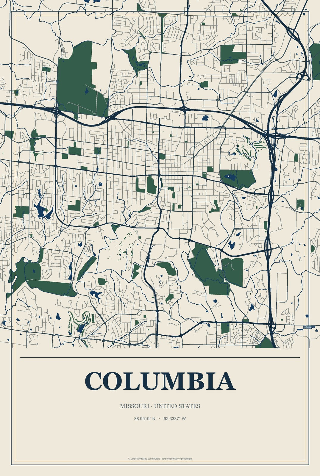 Columbia, Missouri City Map Aluminum Sign in Coastal Cutout style
